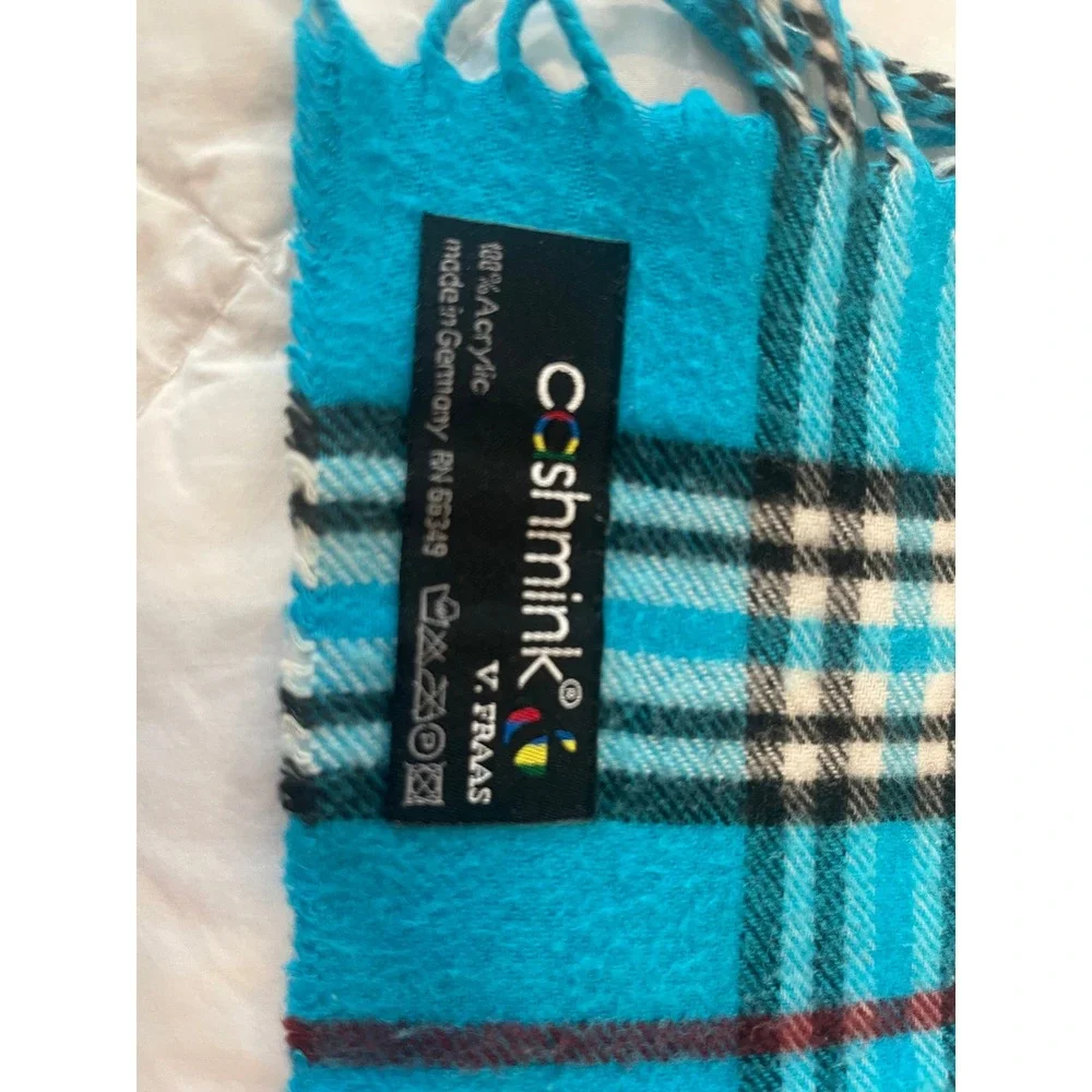 00048 V. Fraas Cashmink Teal‎ Plaid Scarf 9x58 Fringe Acrylic Made in Germany